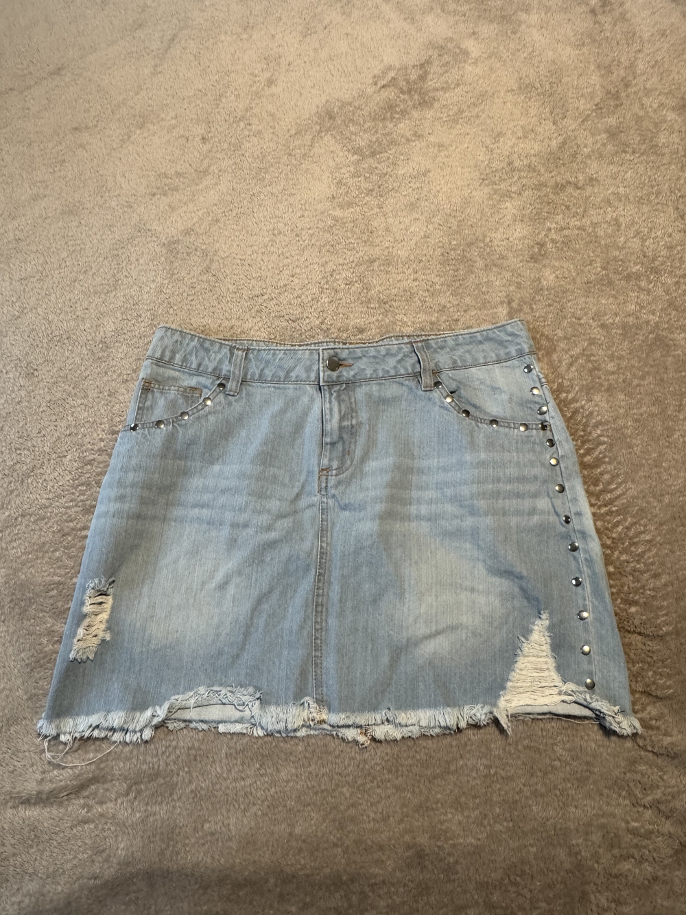 Miss Lili Light Blue Denim Mini Skirt  Stud Detail Slightly Distressed Size XL
